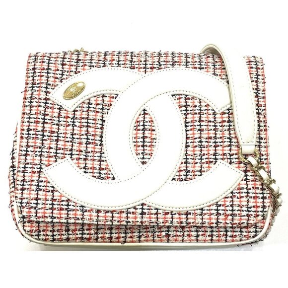 CHANEL CC Flap Pochette Chain Shoulder Bag Leather / tweed White x Red - Picture 2 of 13